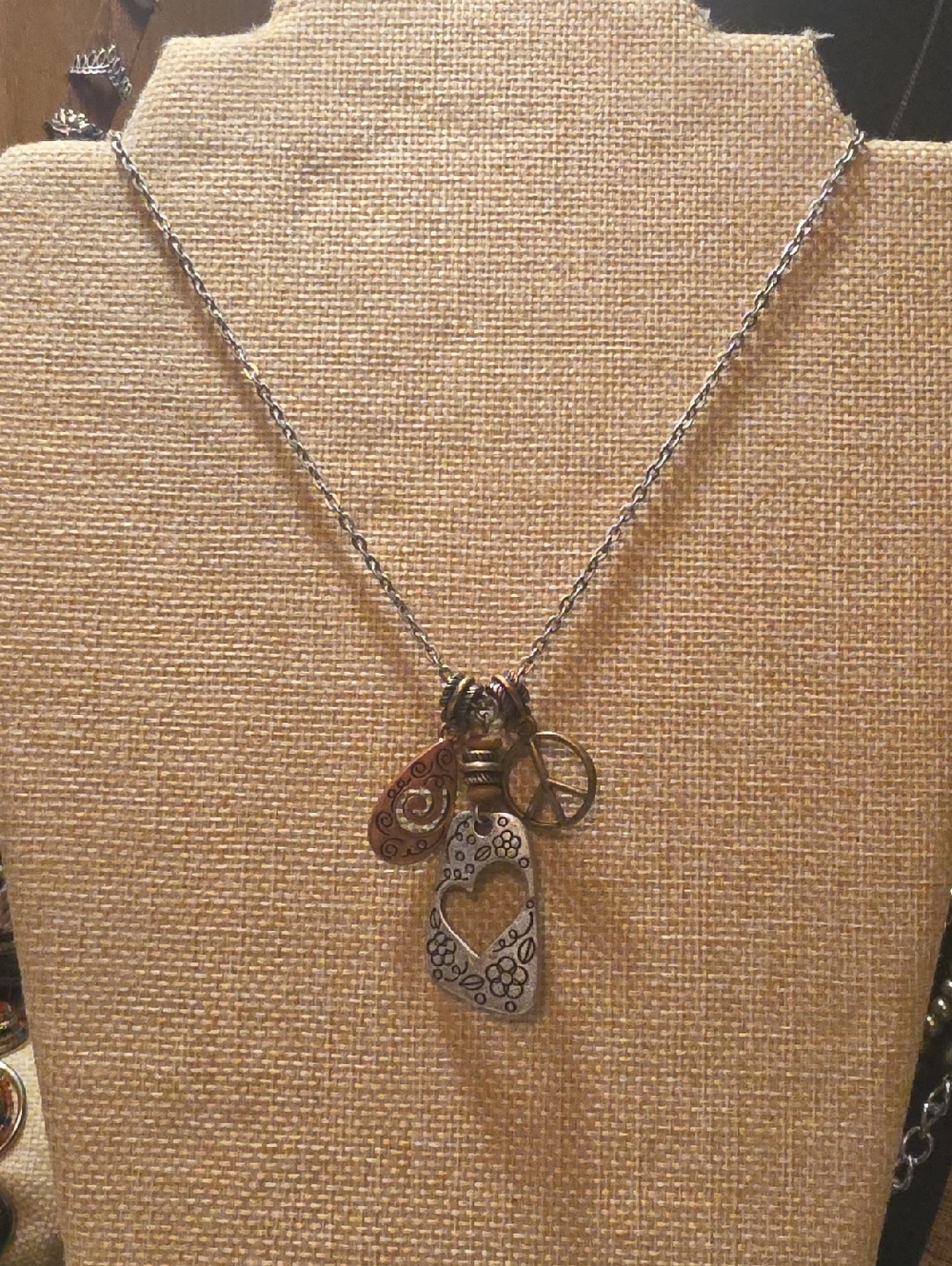 Mixed Metal Heart & Peace Charm Necklace in Silver and Gold Tones